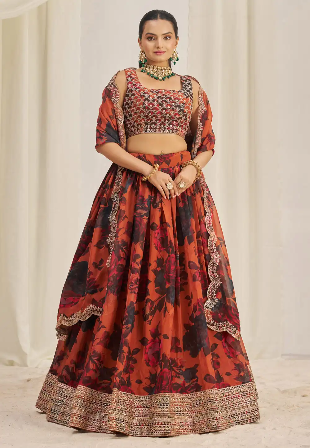 Orange Organza Floral print Lehenga choli 294441