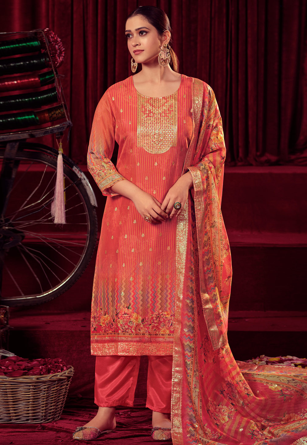 Orange Organza Pant Style Suit 309926