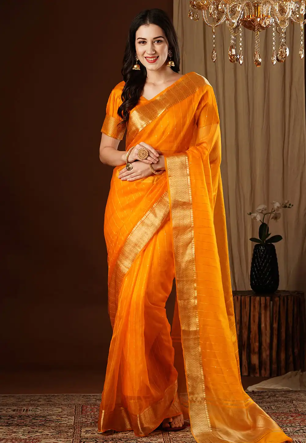 Orange Organza Saree With Blouse 293498