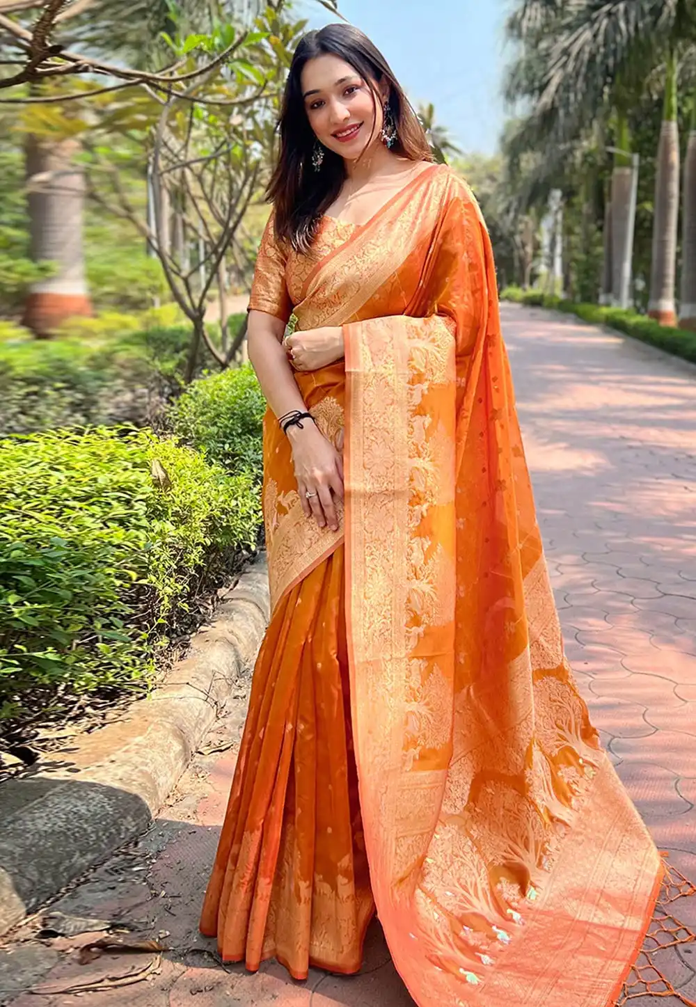 Orange Organza Saree With Blouse 294055