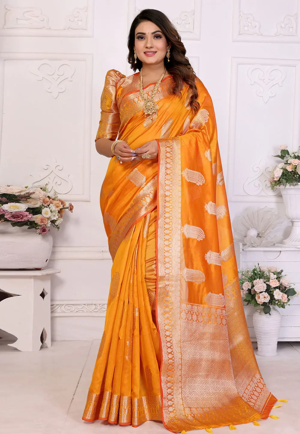 Orange Organza Saree With Blouse 304395