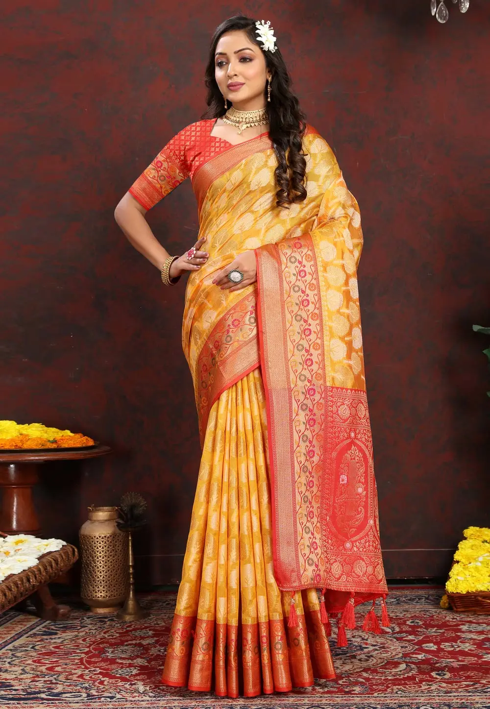 Orange Organza Saree With Blouse 300515