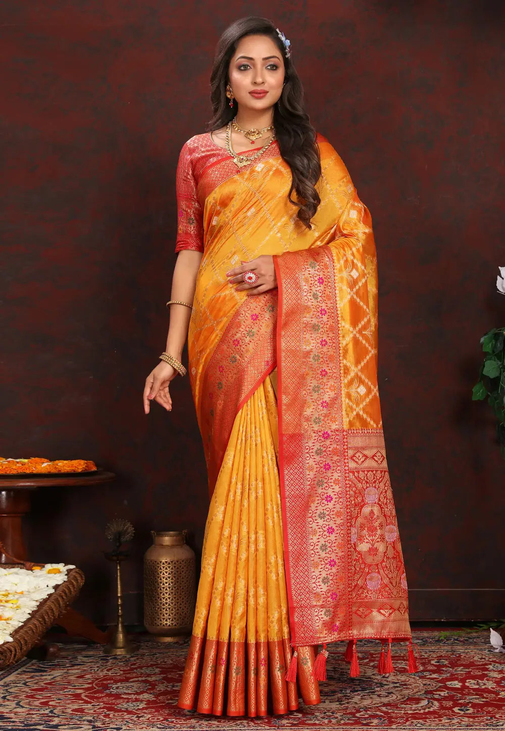 Orange Organza Saree With Blouse 300516