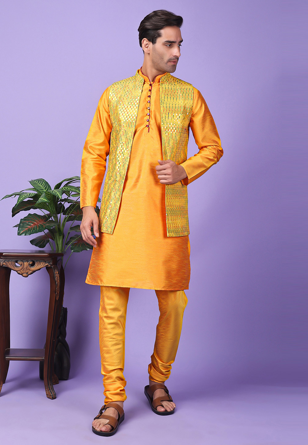 Orange Polyester Kurta Pajama With Jacket 286224