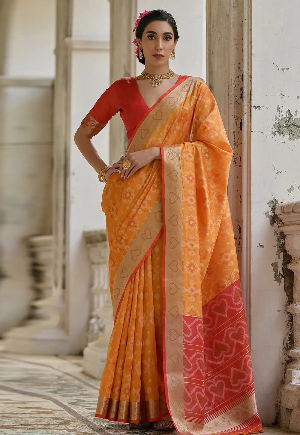 Orange Raw Silk Saree With Blouse 303437