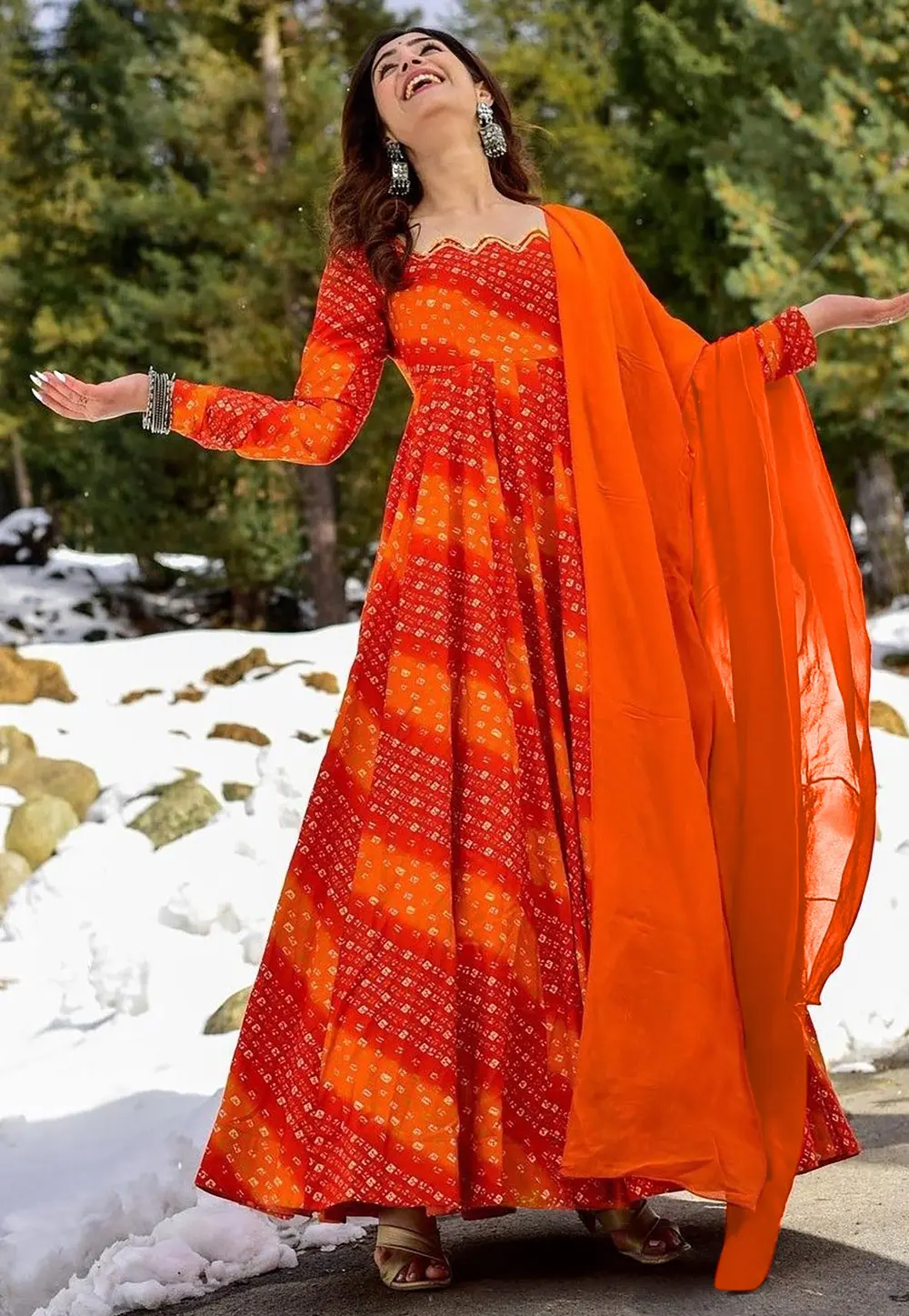 Orange Rayon Readymade Anarkali Suit 302888