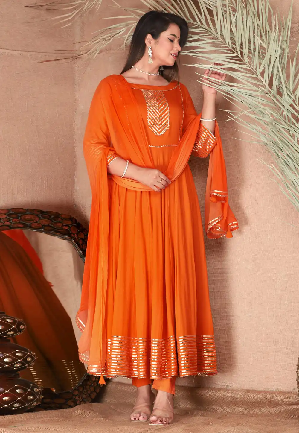 Orange Rayon Readymade Anarkali Suit 292772