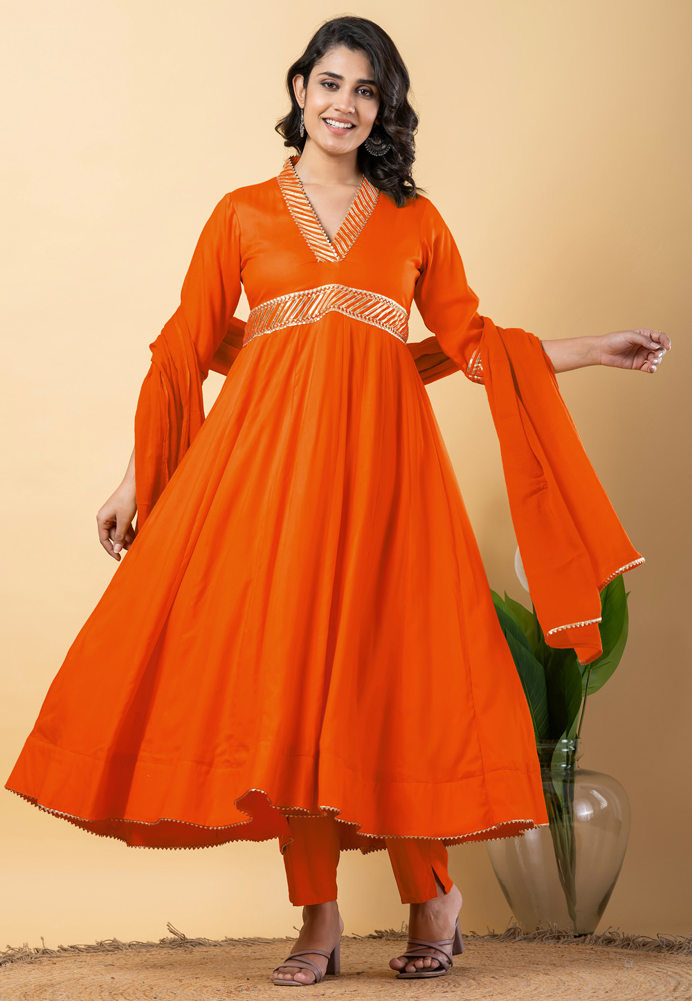 Orange Rayon Readymade Long Anarkali Suit 306191