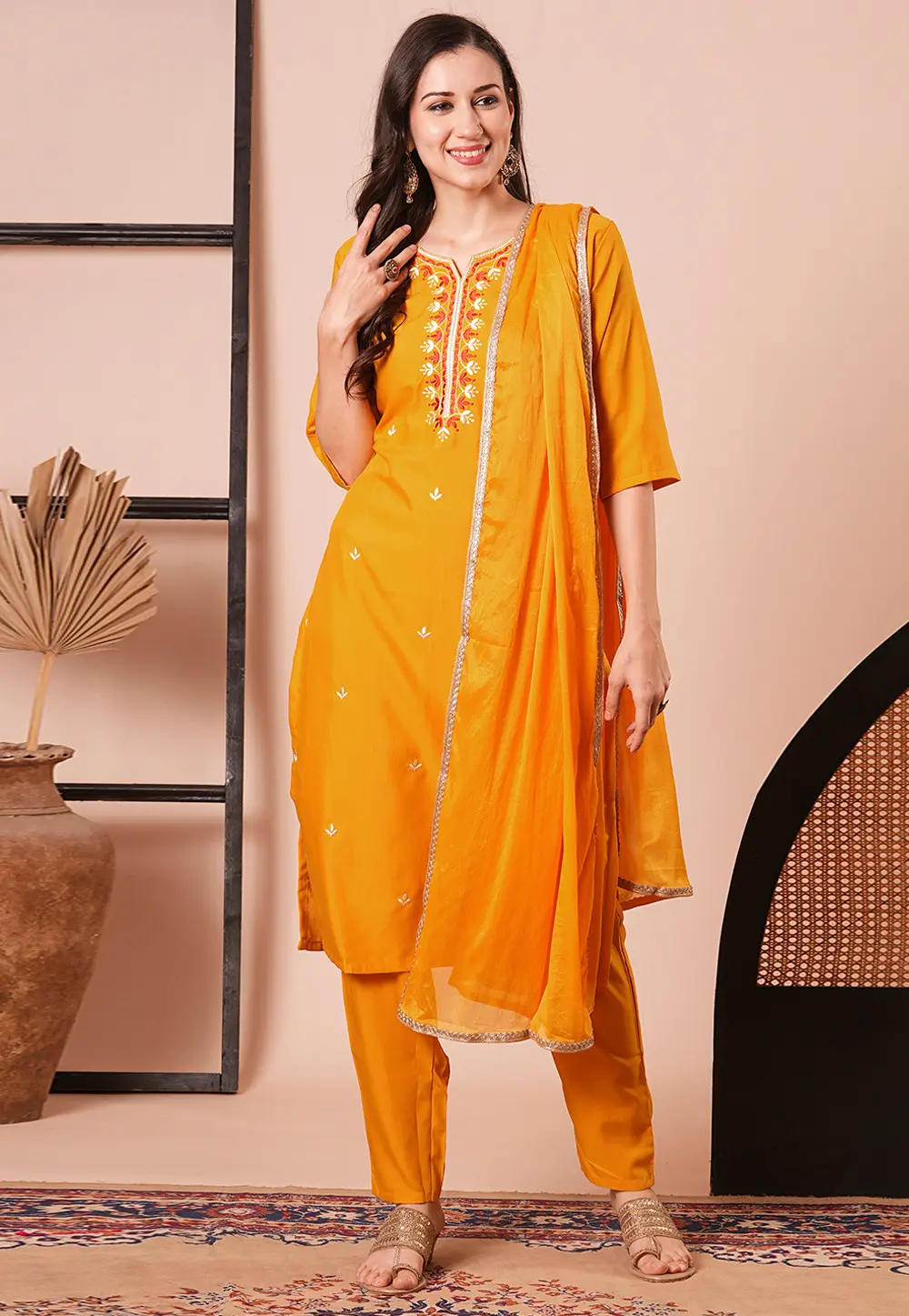 Orange Rayon Readymade Pant Style Suit 300090