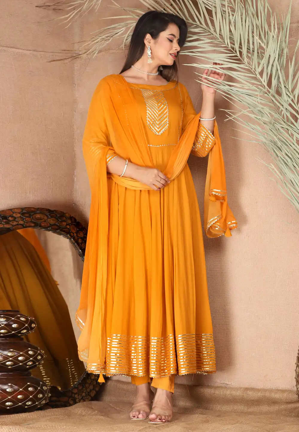 Orange Rayon Readymade Pant Style Suit 292767