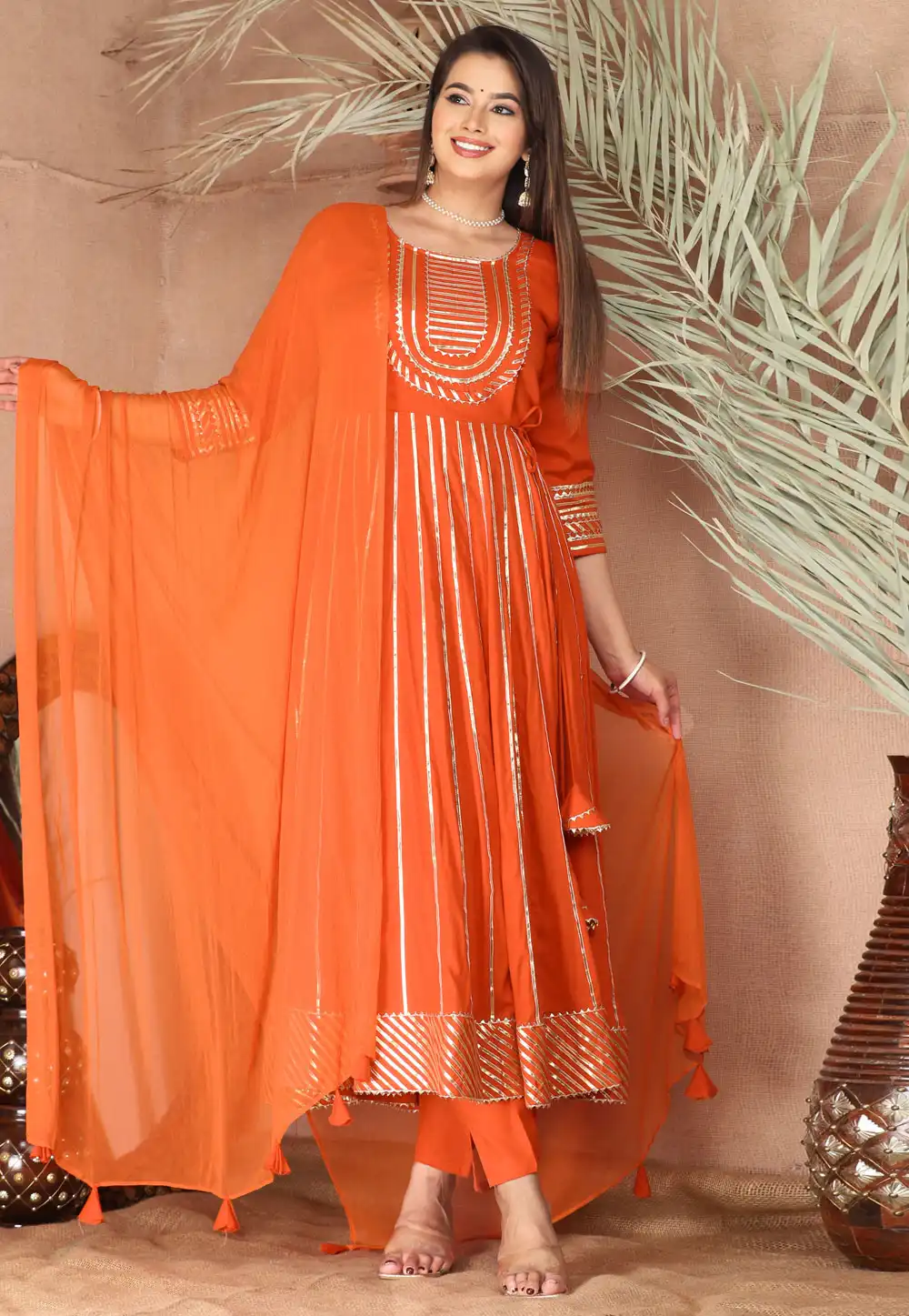 Orange Rayon Readymade Pant Style Suit 292783