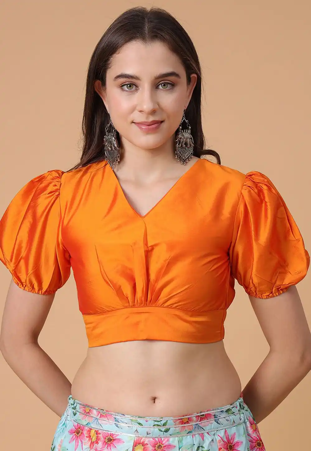 Orange Satin Silk Readymade Blouse 293656