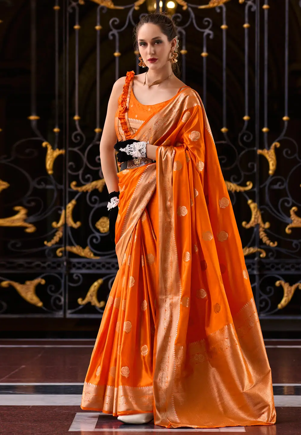 Orange Satin Silk Saree With Blouse 296542