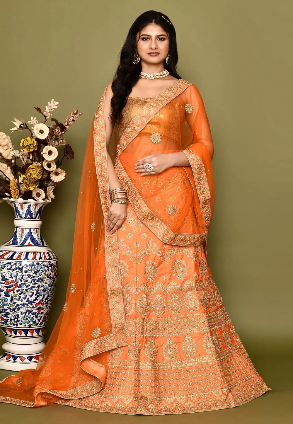 Orange Silk A Line Lehenga Choli 295787