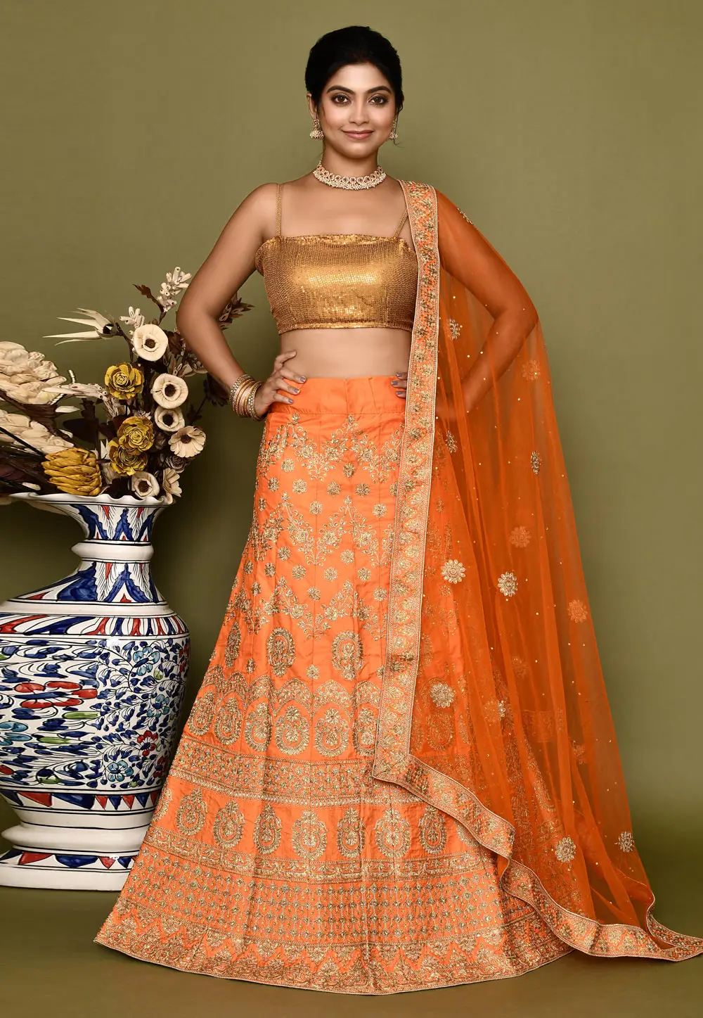 Orange Silk A Line Lehenga Choli 295804