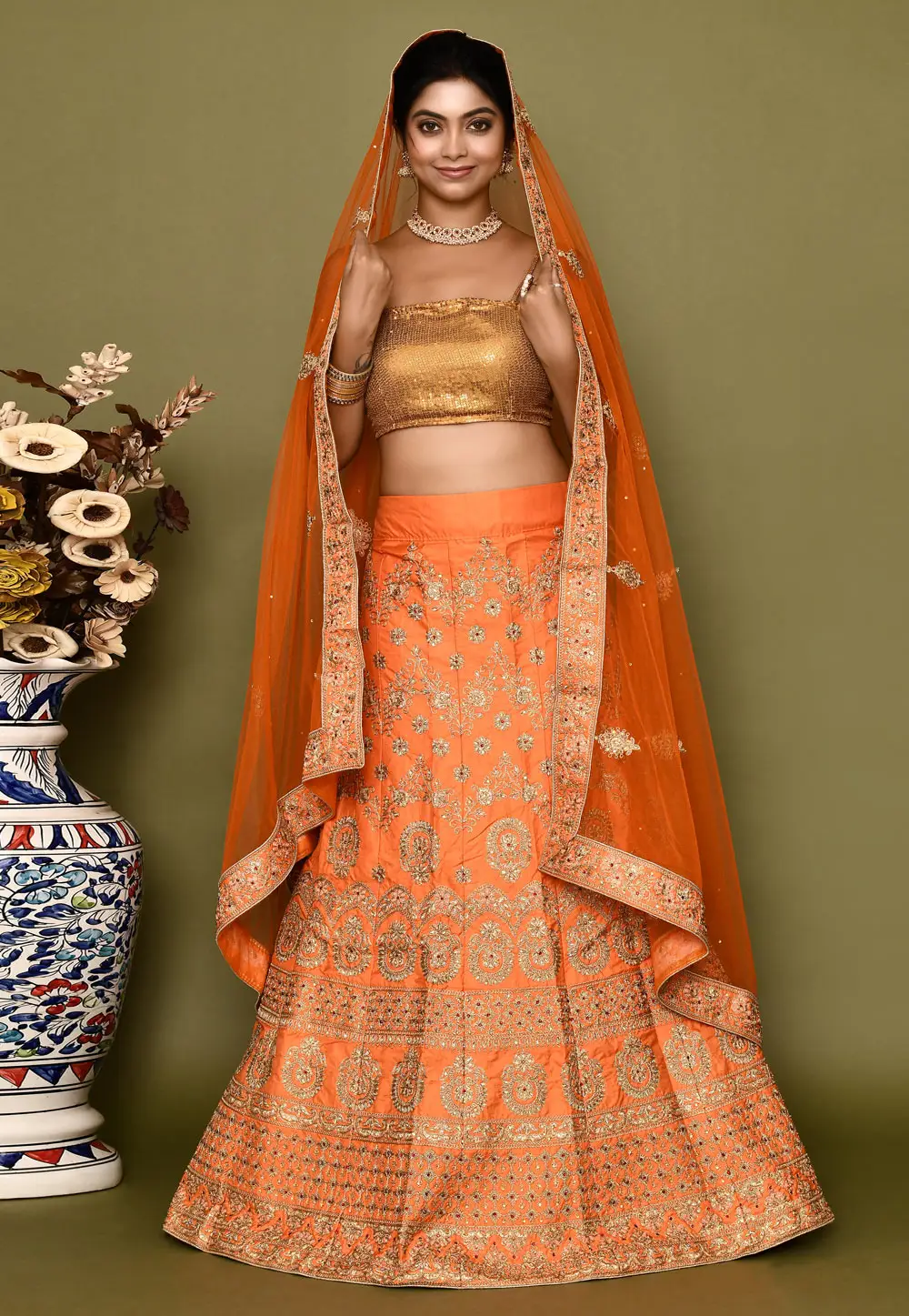 Orange Silk A Line Lehenga Choli 295807