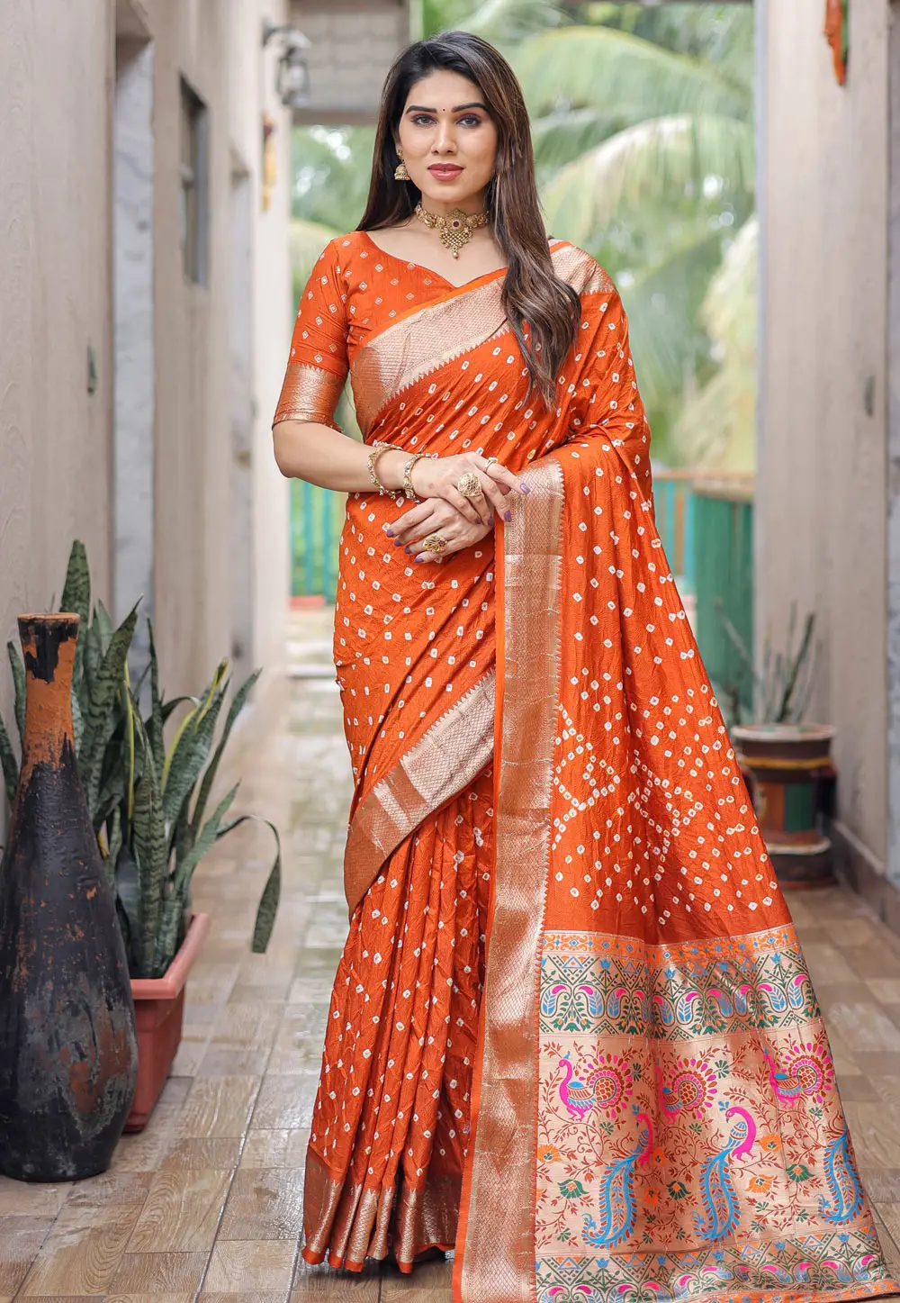 Orange Silk Bandhani Print Saree 295698