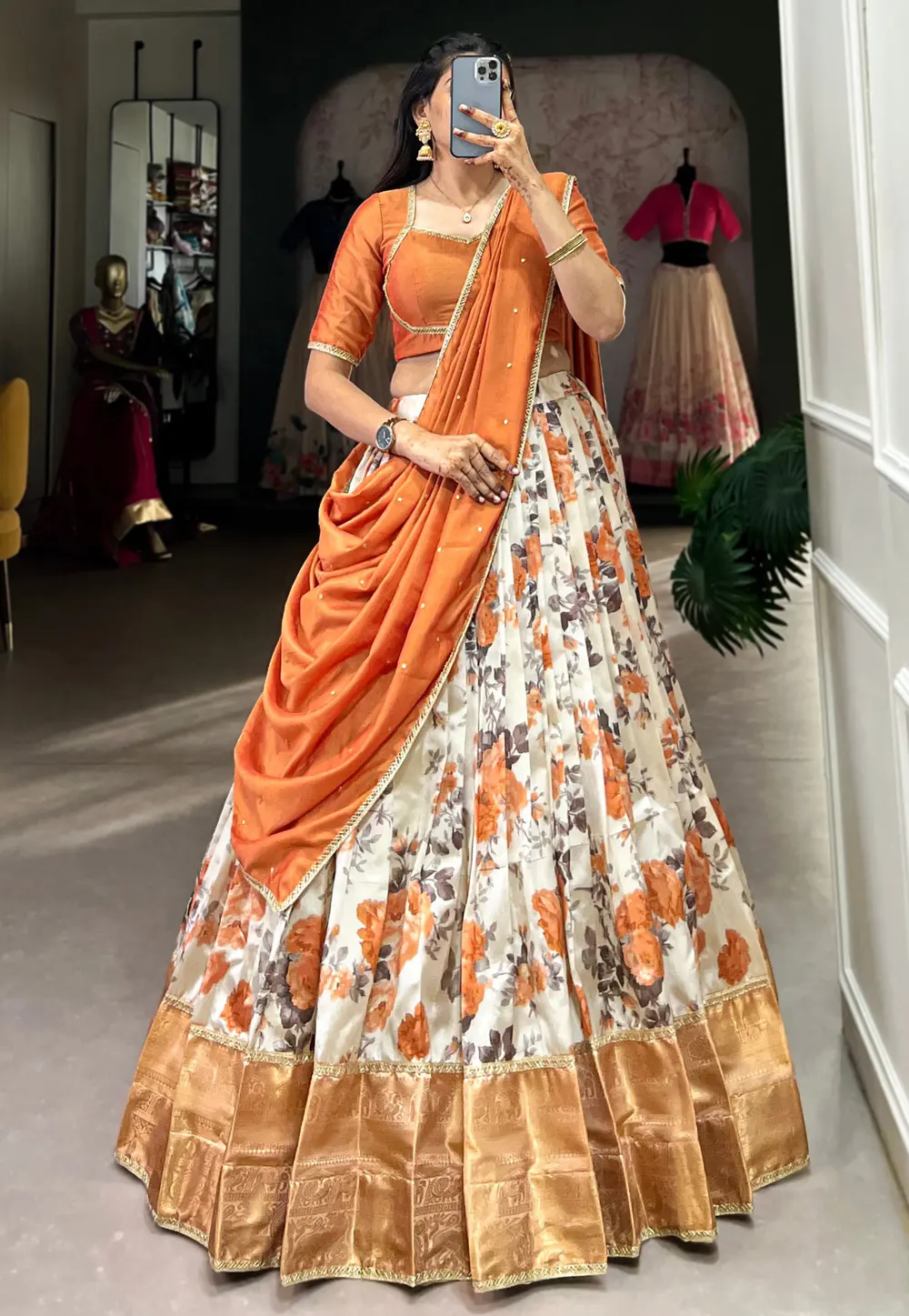 Orange Silk Floral Lehenga choli 300911