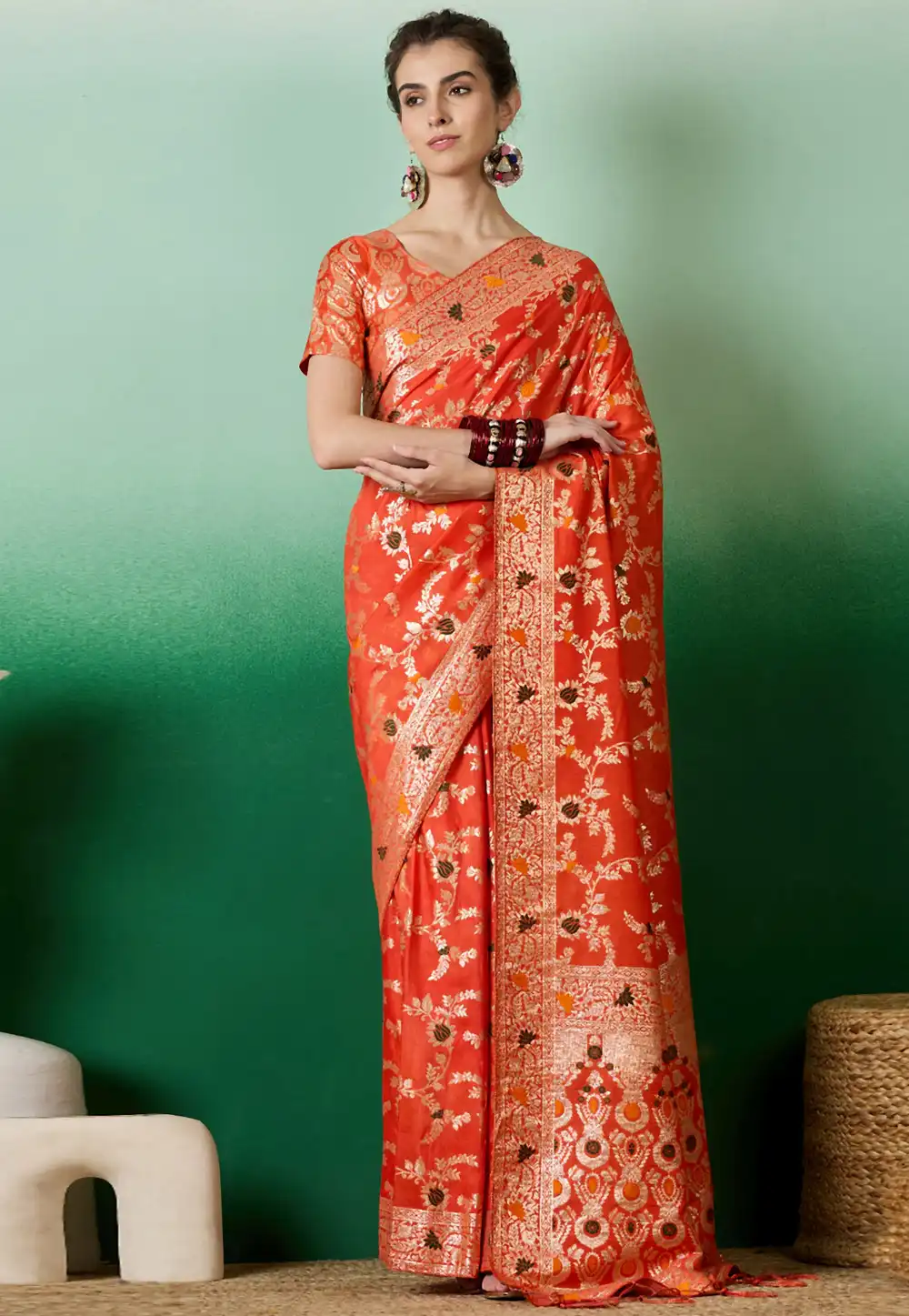 Orange Silk Jacquard Saree With Blouse 289589