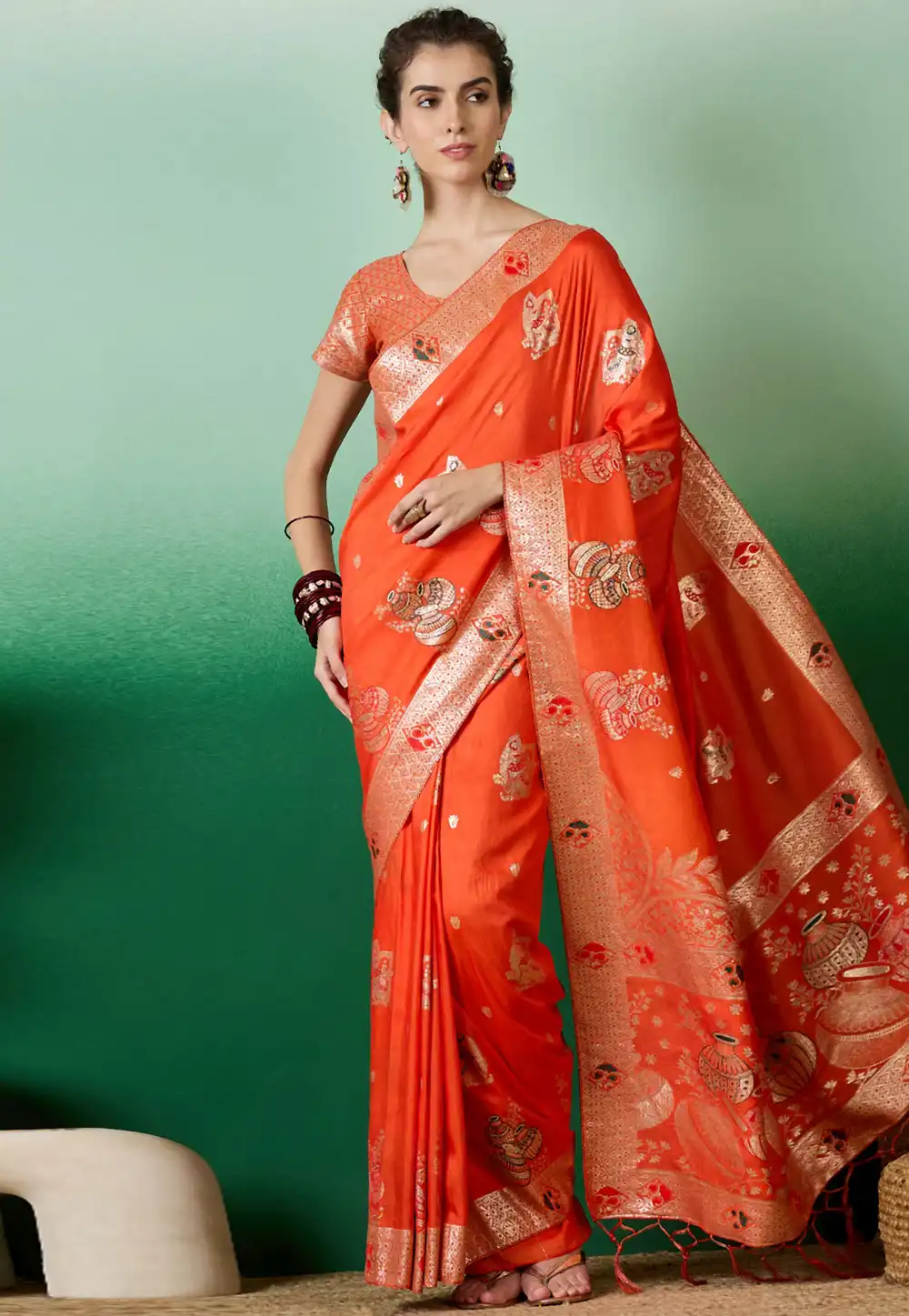 Orange Silk Jacquard Saree With Blouse 289596