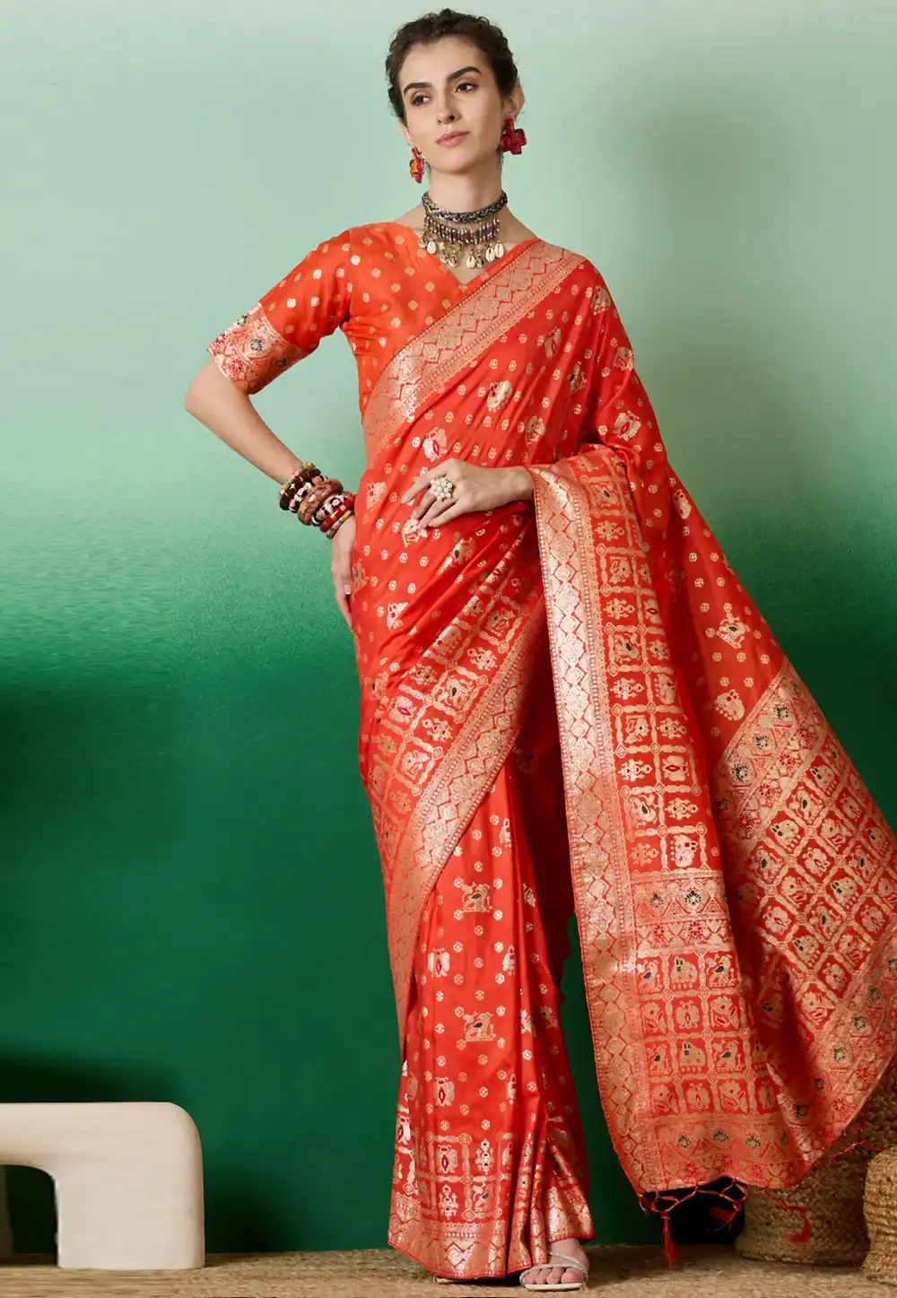 Orange Silk Jacquard Saree With Blouse 289601