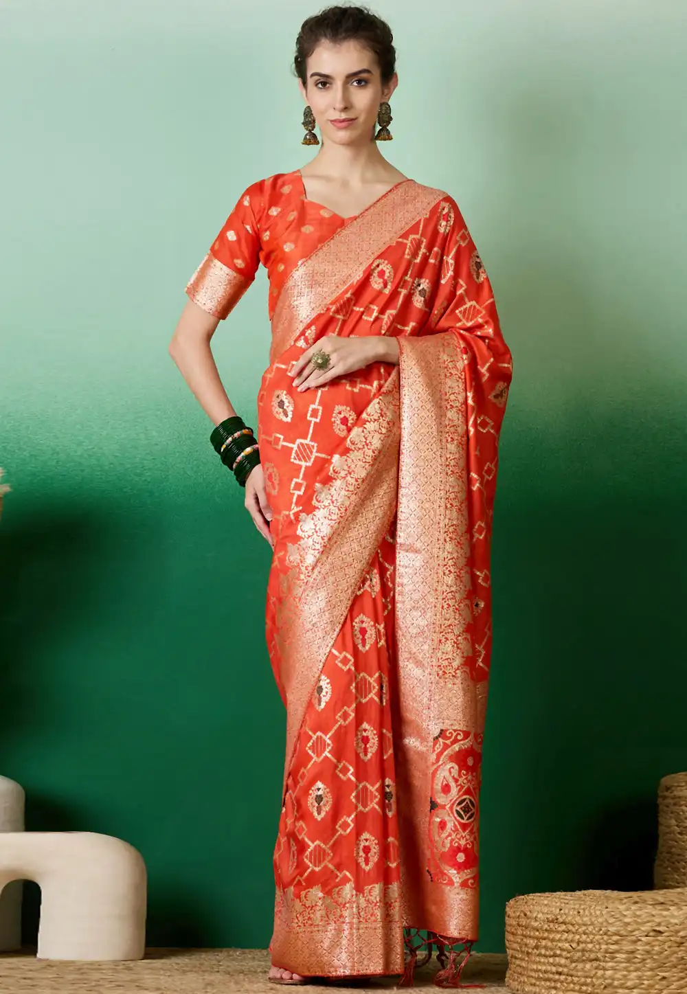 Orange Silk Jacquard Saree With Blouse 289609