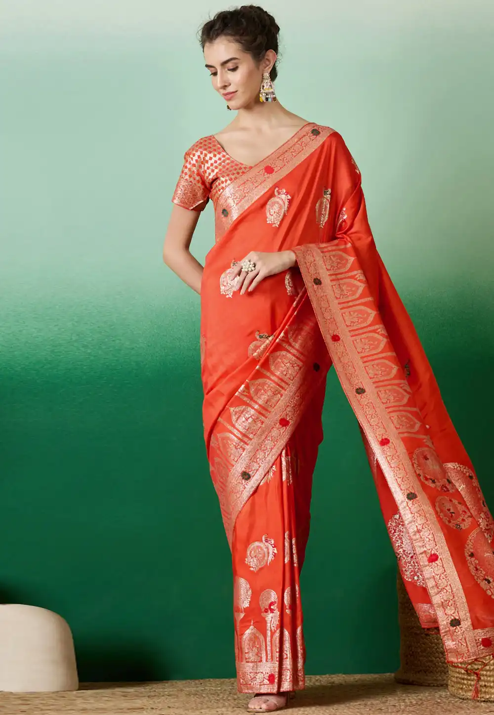 Orange Silk Jacquard Saree With Blouse 289616