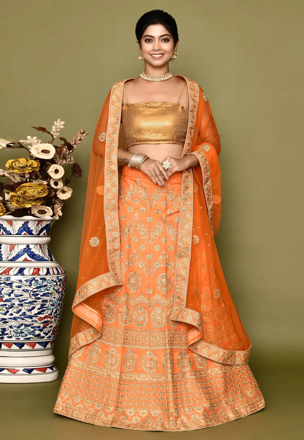 Orange Silk Lehenga Choli 295794