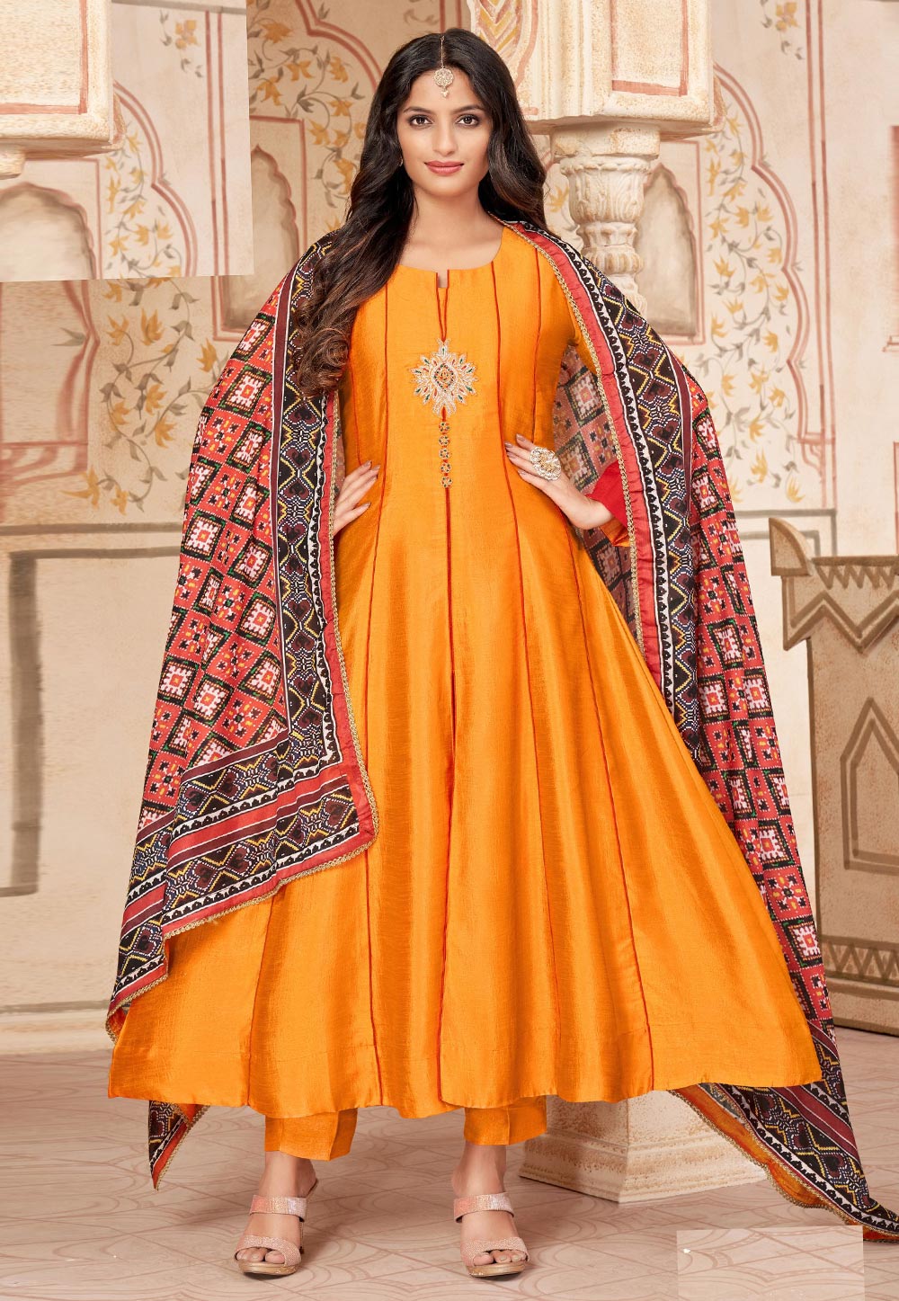 Orange Silk Readymade Anarkali Suit 310874