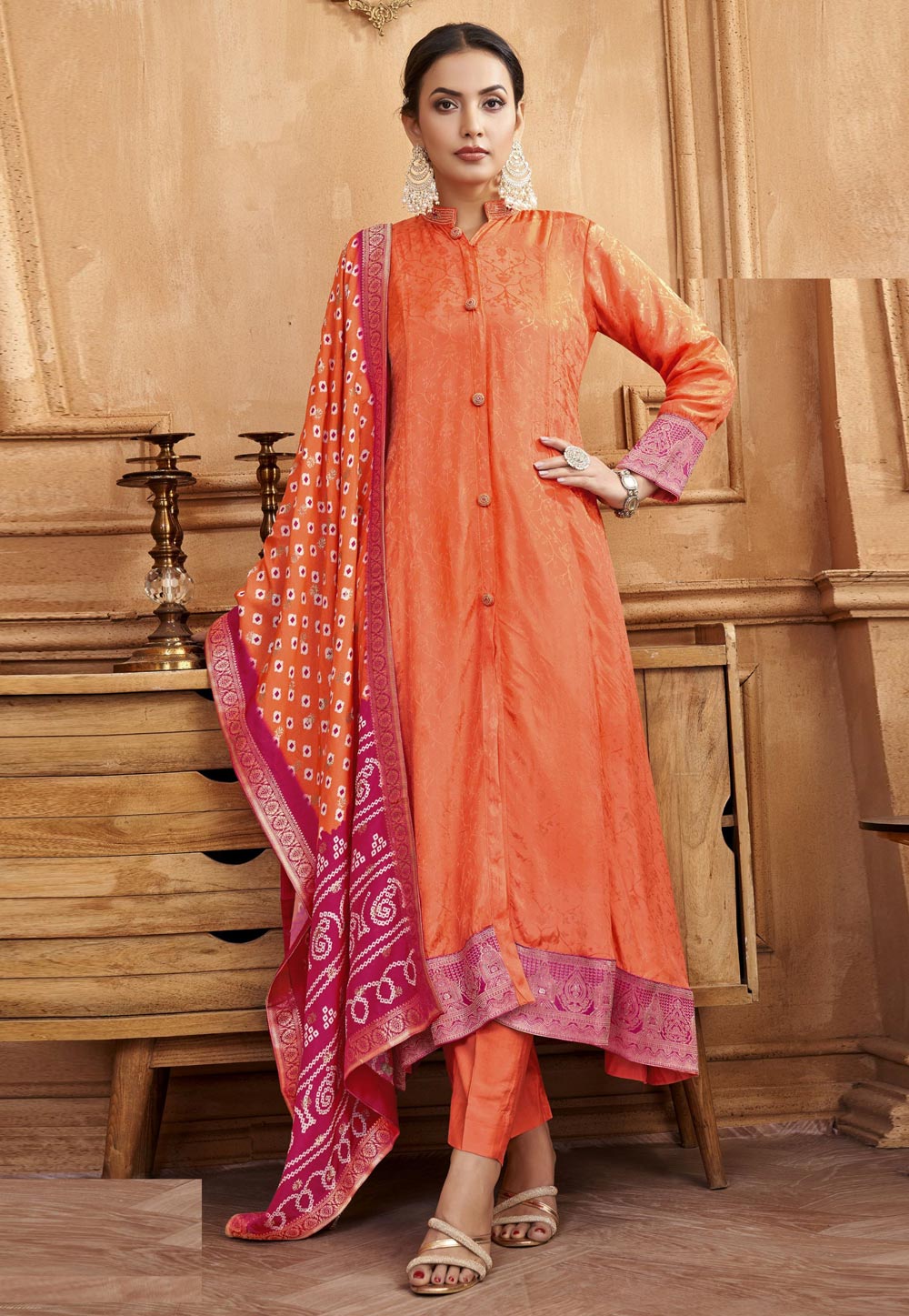 Orange Silk Readymade Anarkali Suit 310876