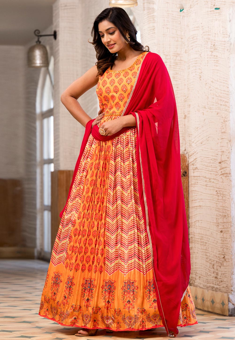 Orange Silk Readymade Anarkali Suit 280706