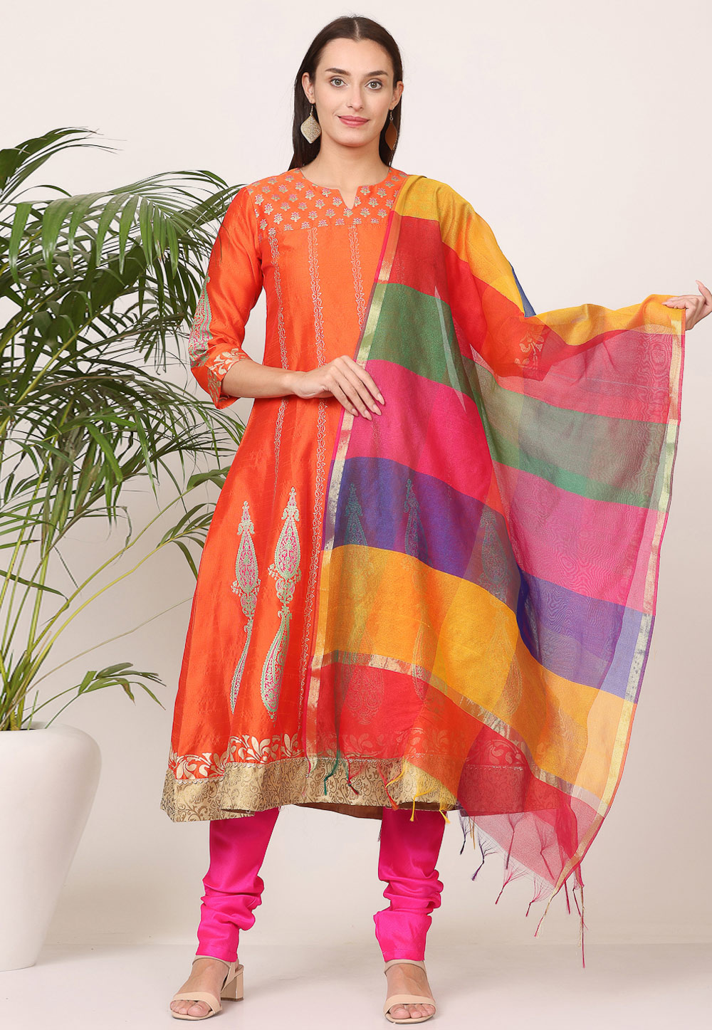 Orange Silk Readymade Churidar Suit 305508