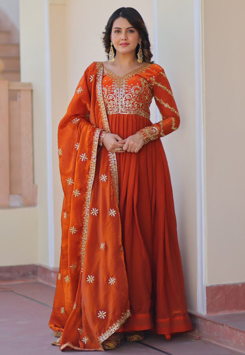 Orange Silk Readymade Long Anarkali Suit 310374