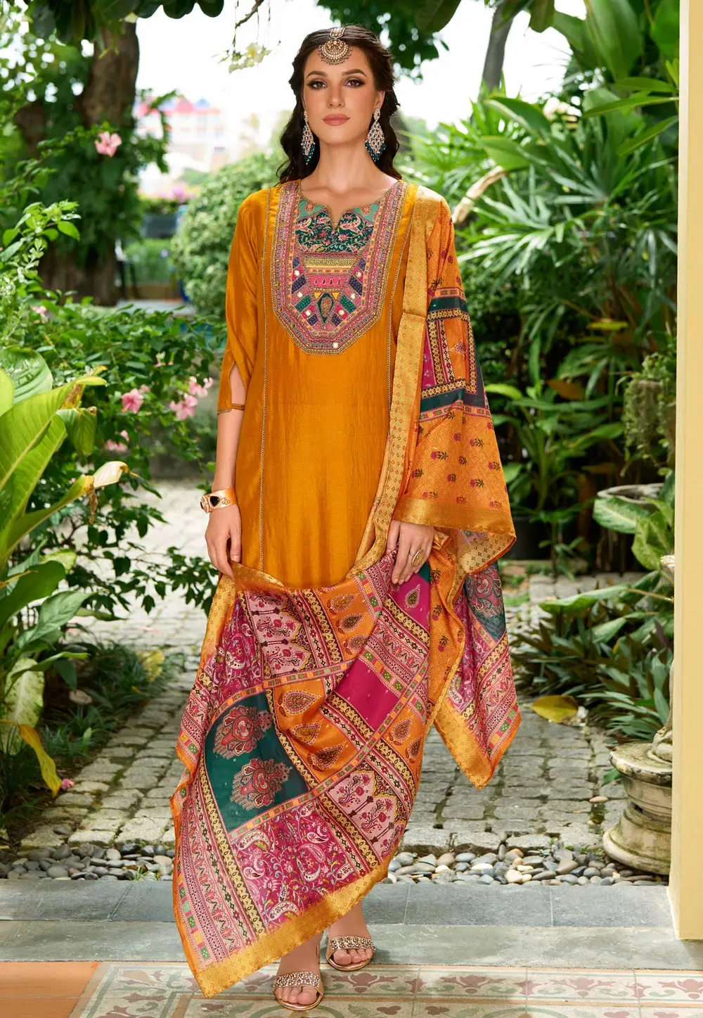 Orange Silk Readymade Pakistani Suit 297006