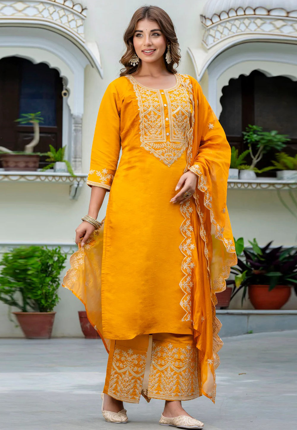 Orange Silk Readymade Palazzo Suit 305701