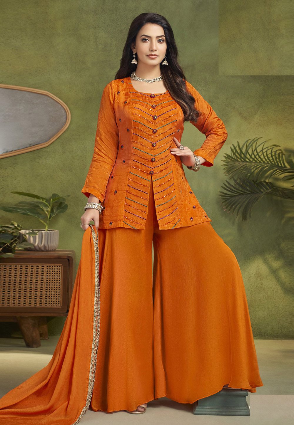 Orange Silk Readymade Palazzo Suit 310867