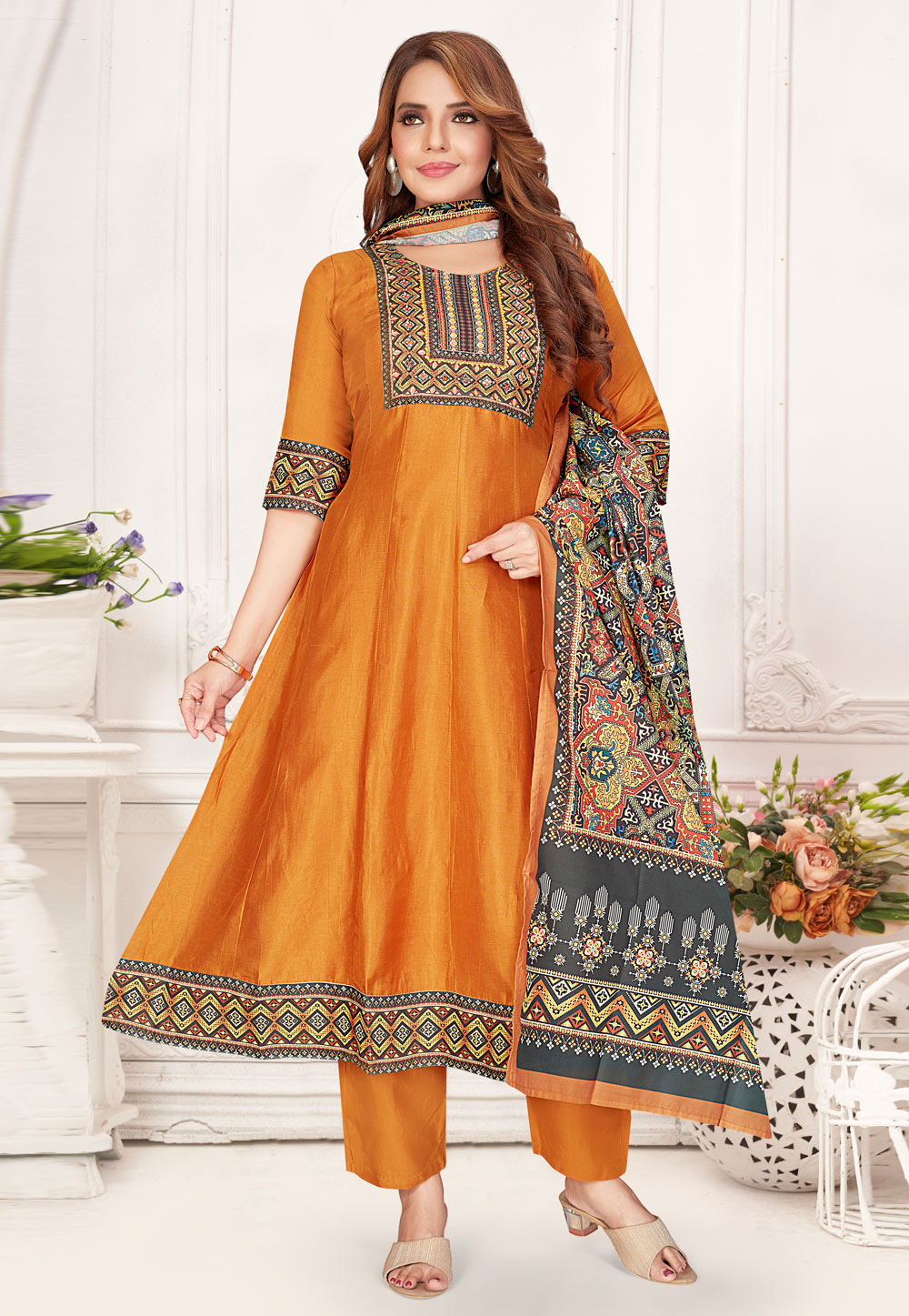 Orange Silk Readymade Pant Style Suit 305049