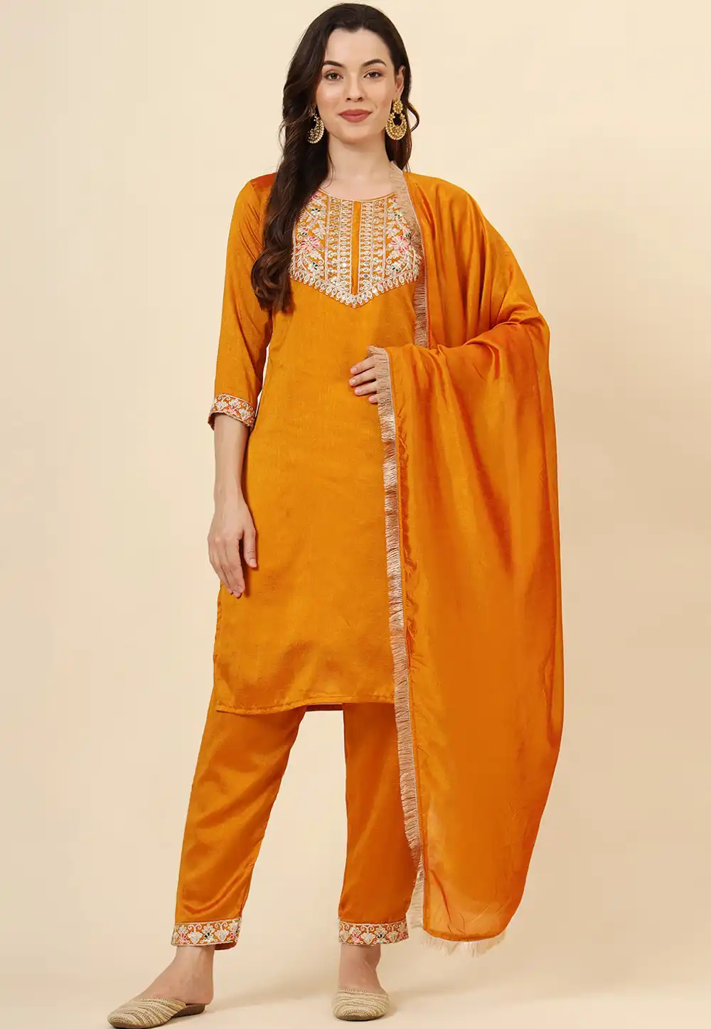 Orange Silk Readymade Pant Style Suit 293696