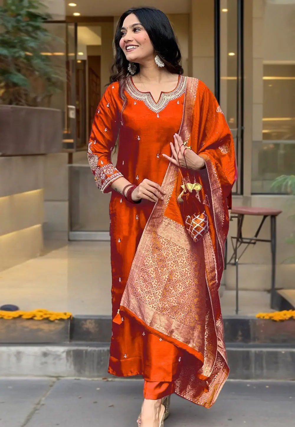 Orange Silk Readymade Pant Style Suit 304406