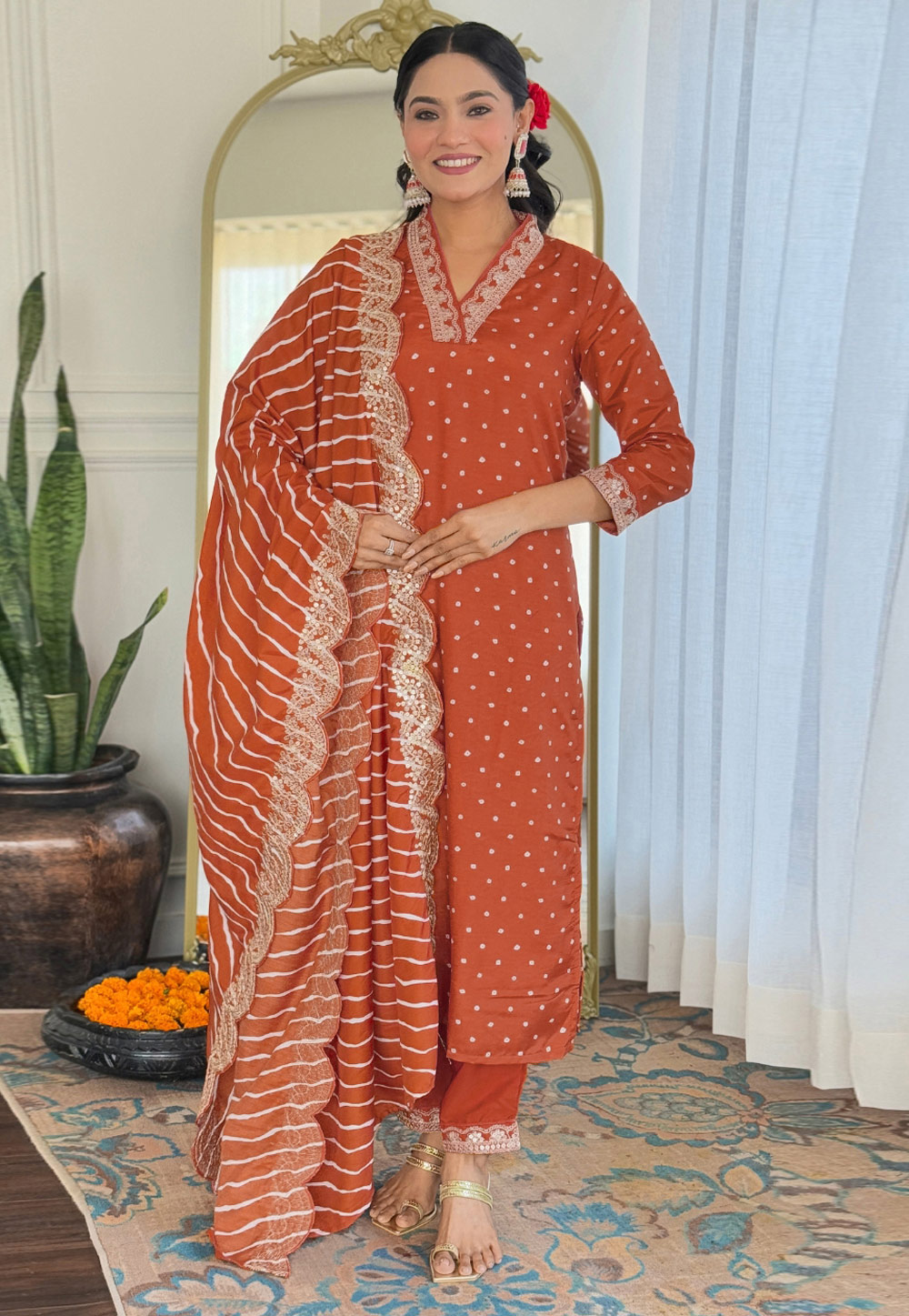Orange Silk Readymade Pant Style Suit 309470