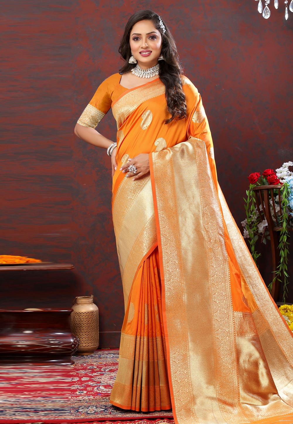 Orange Silk Saree With Blouse 284645