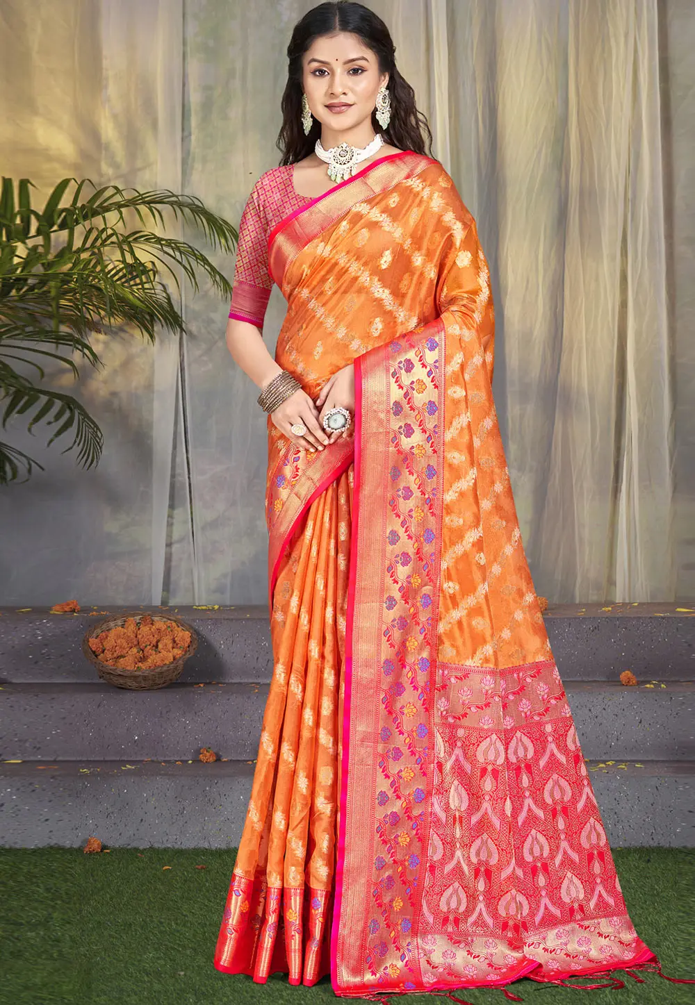 Orange Silk Saree With Blouse 296389