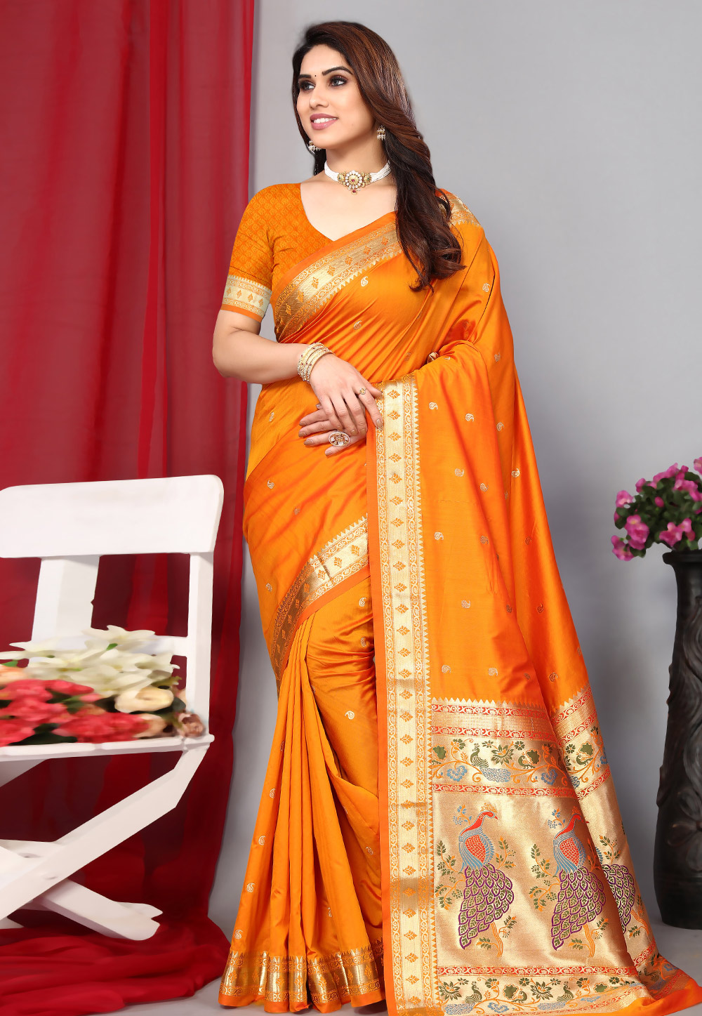Orange Silk Saree With Blouse 283439