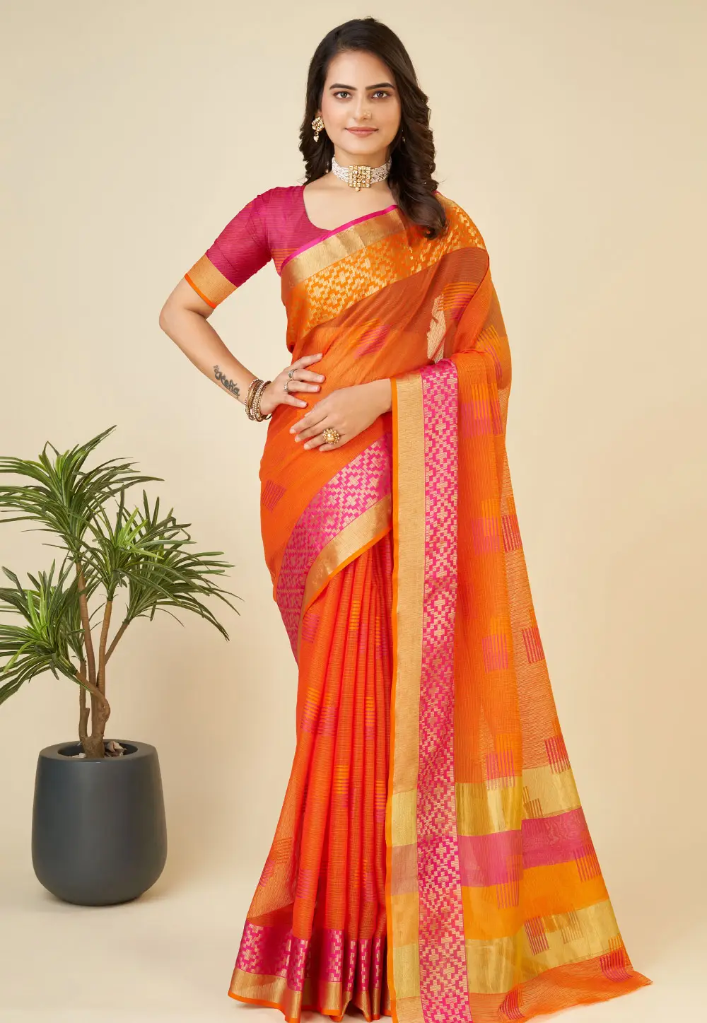 Orange Silk Saree With Blouse 296365