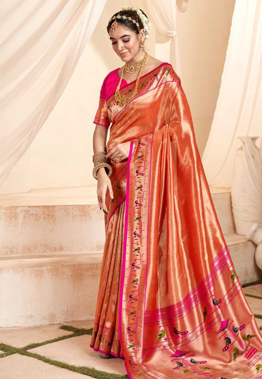 Orange Tissue Silk Paithani Saree 284616