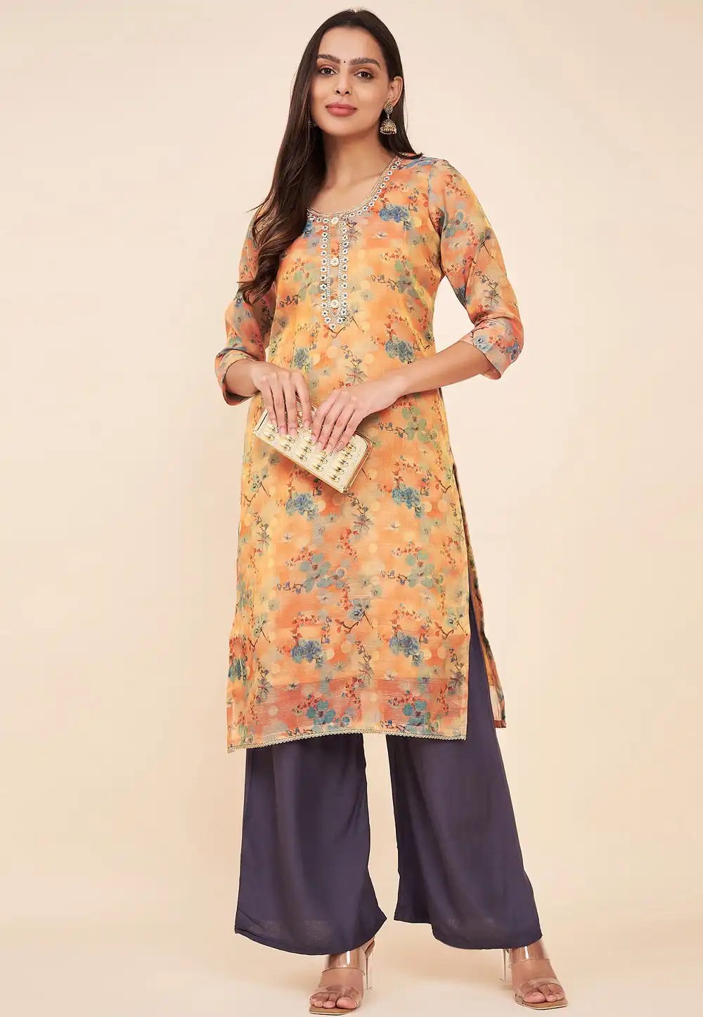 Orange Tissue Silk Printed Long Tunic 290539