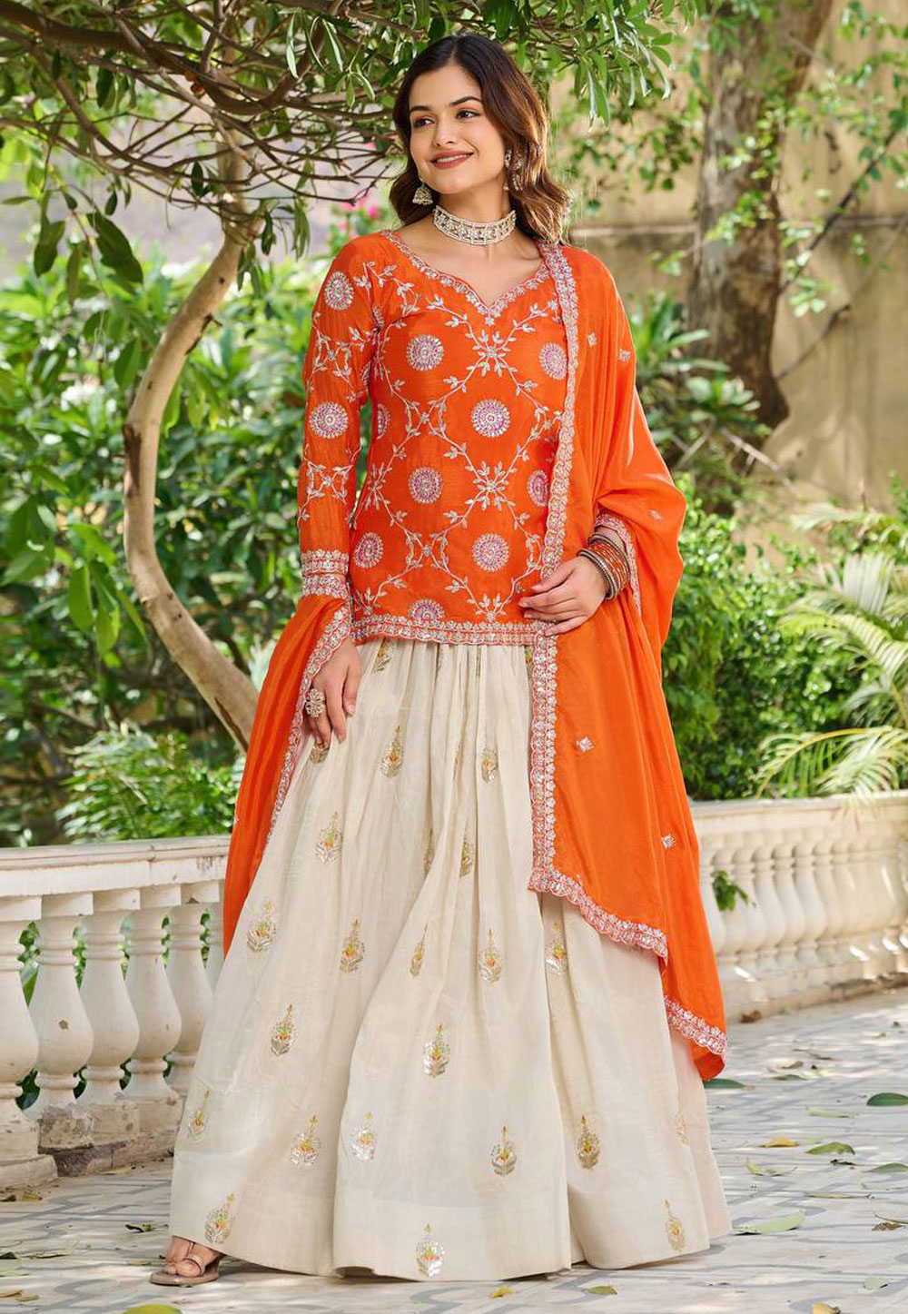 Orange Tissue Silk Readymade Indo Western Lehenga Choli 309613
