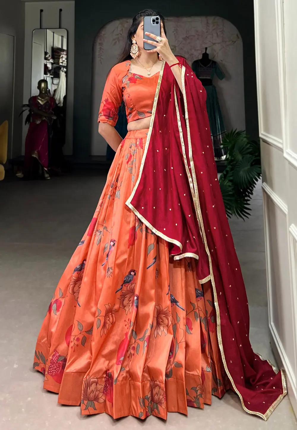 Orange Tussar Silk Floral Lehenga choli 299320