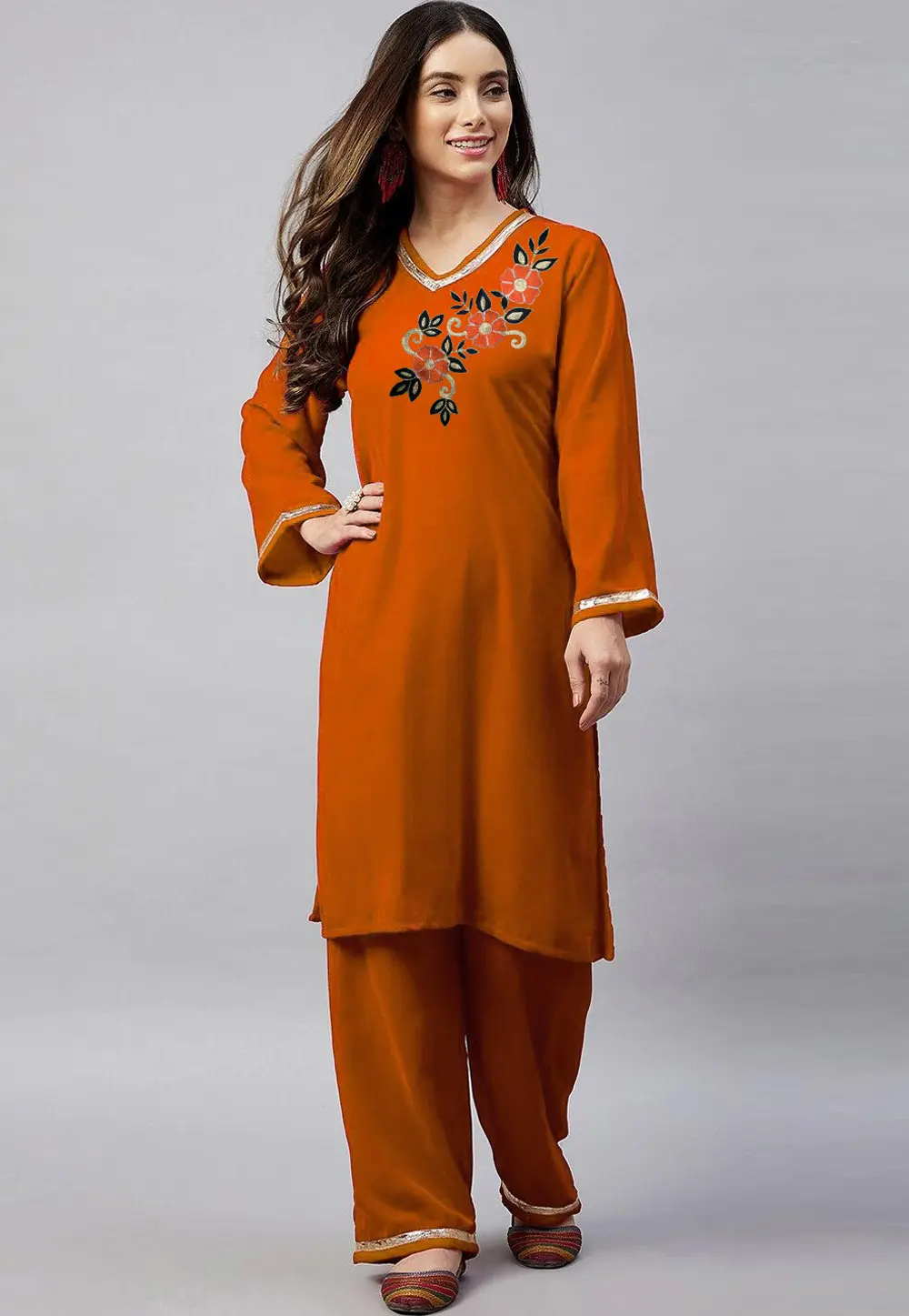 Orange Velvet Kurta Set With Palazzo 300064