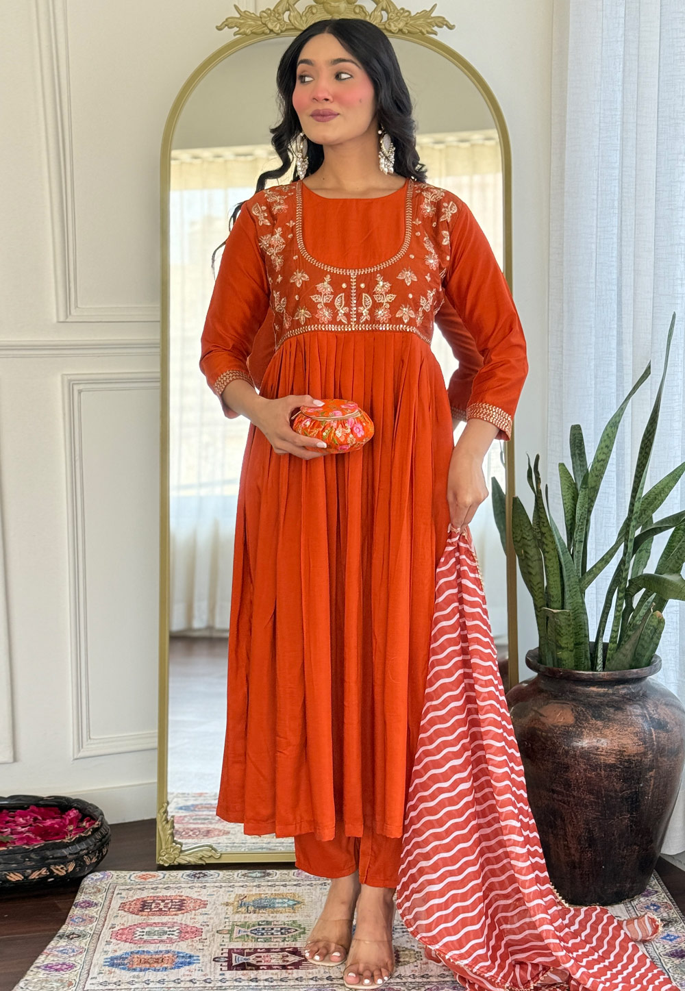 Orange Viscose Readymade Anarkali Suit 310885